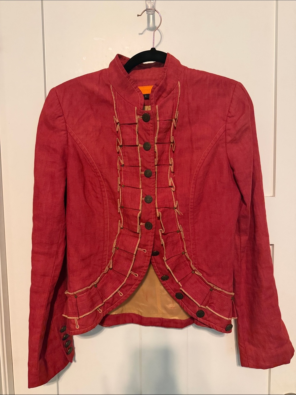 Cynthia Steffe Vintage Y2K Red Military-Inspired 100% Linen Romantic Blazer